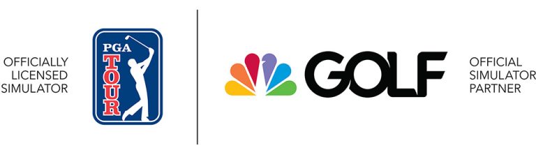 Logos of PGA Tour with the text Officially Licensed Simulator on the left, and NBC Golf with the text Official Simulator Partner on the right, separated by a vertical line.