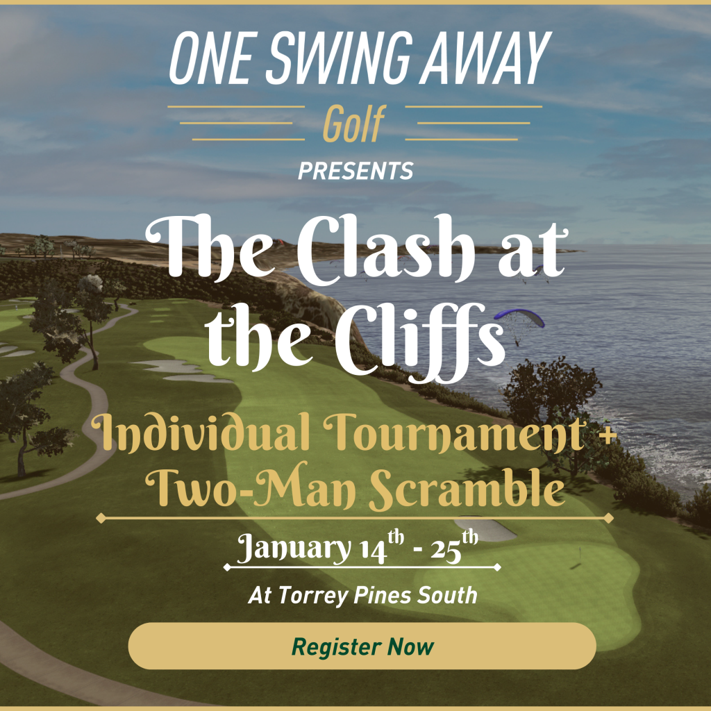 Promotional graphic for The Clash at the Cliffs golf event, featuring tournament details over a scenic golf course by the ocean at Torrey Pines South, with event dates January 14-25.