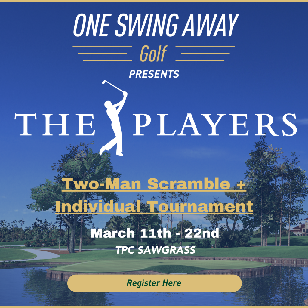 Promotional graphic for a golf event at TPC Sawgrass featuring The Players logo and text about a two-man scramble and individual tournament, March 11th-22nd, with a Register Here button. Golf course background.