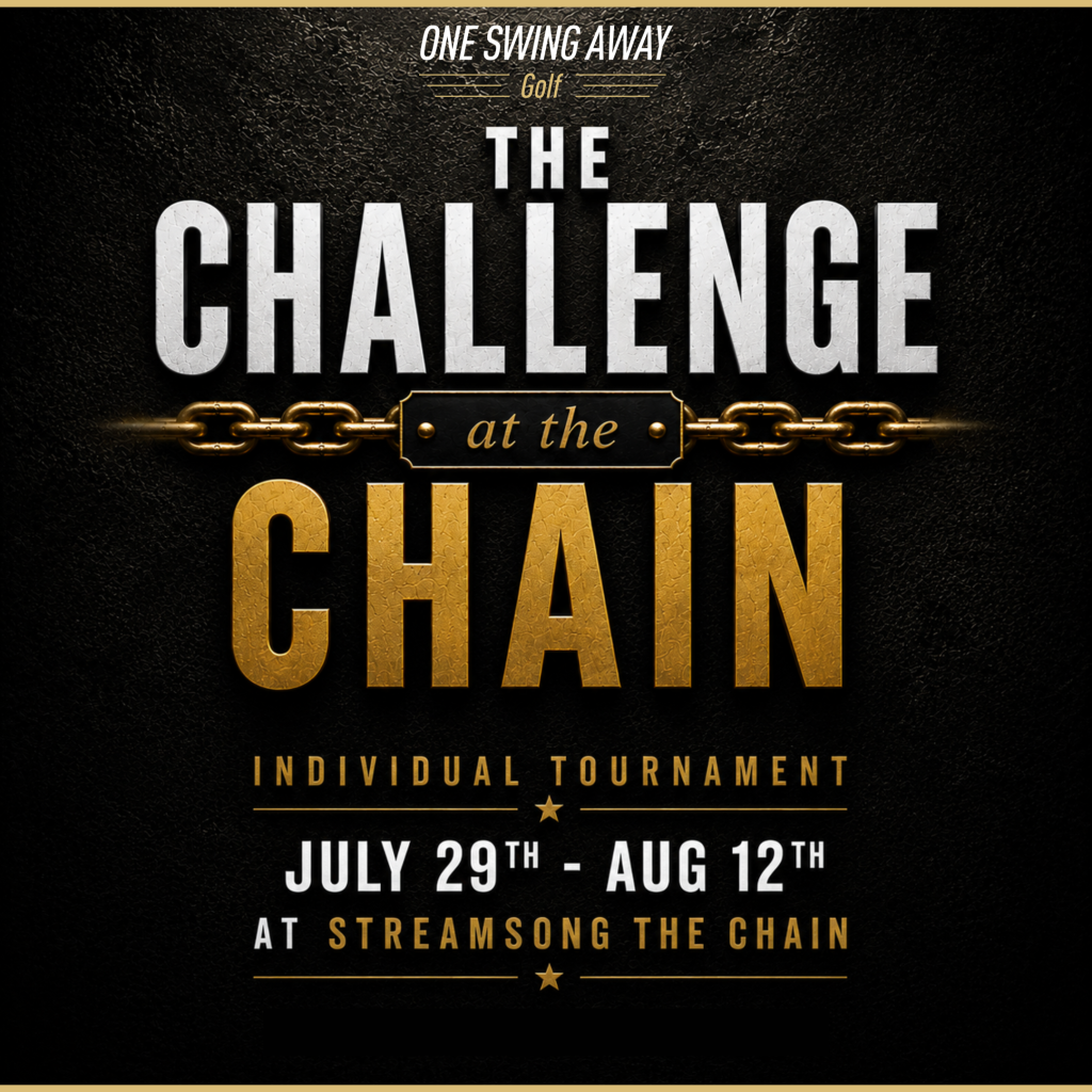 Event poster reading: The Challenge at the Chain: Individual Tournament. July 29th - Aug 12th at Streamsong The Chain. Gold chain graphic and bold text on a dark background.