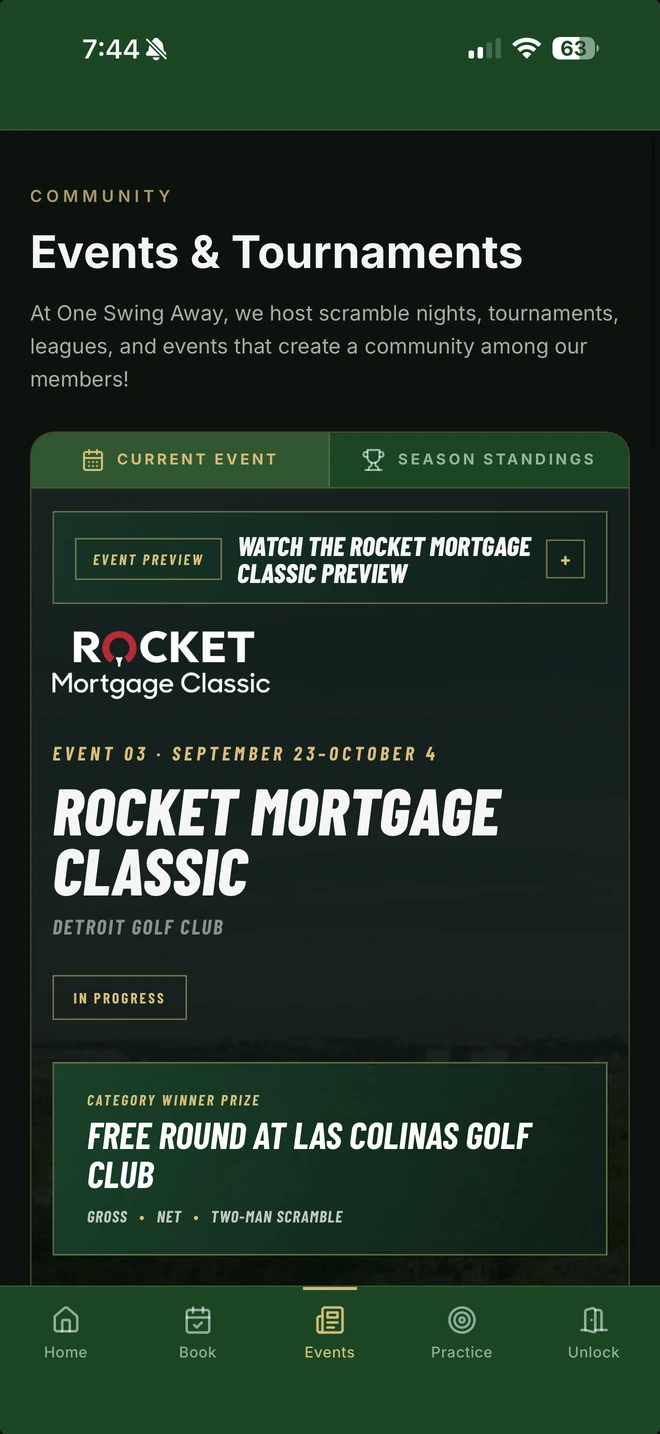 One Swing Away app Events and Tournaments screen showing the Rocket Mortgage Classic event.