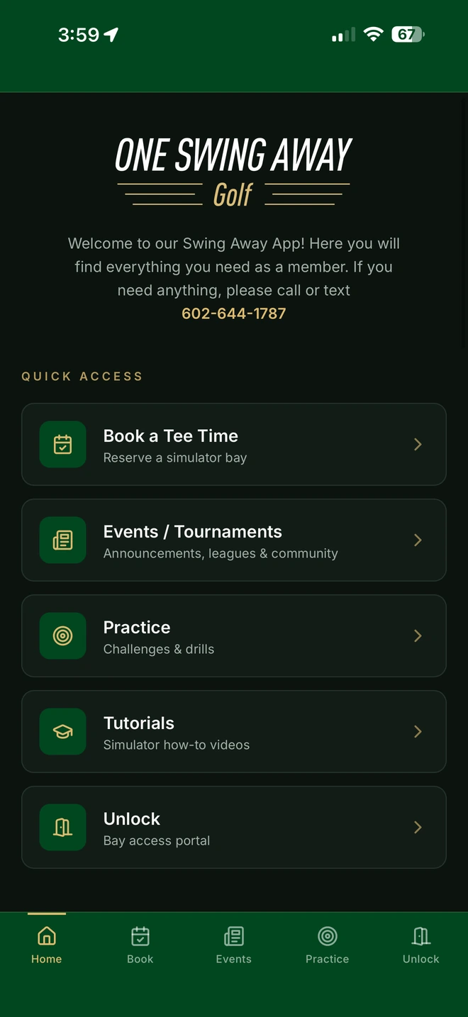 One Swing Away app home screen with booking, events, practice, tutorials, and bay access.